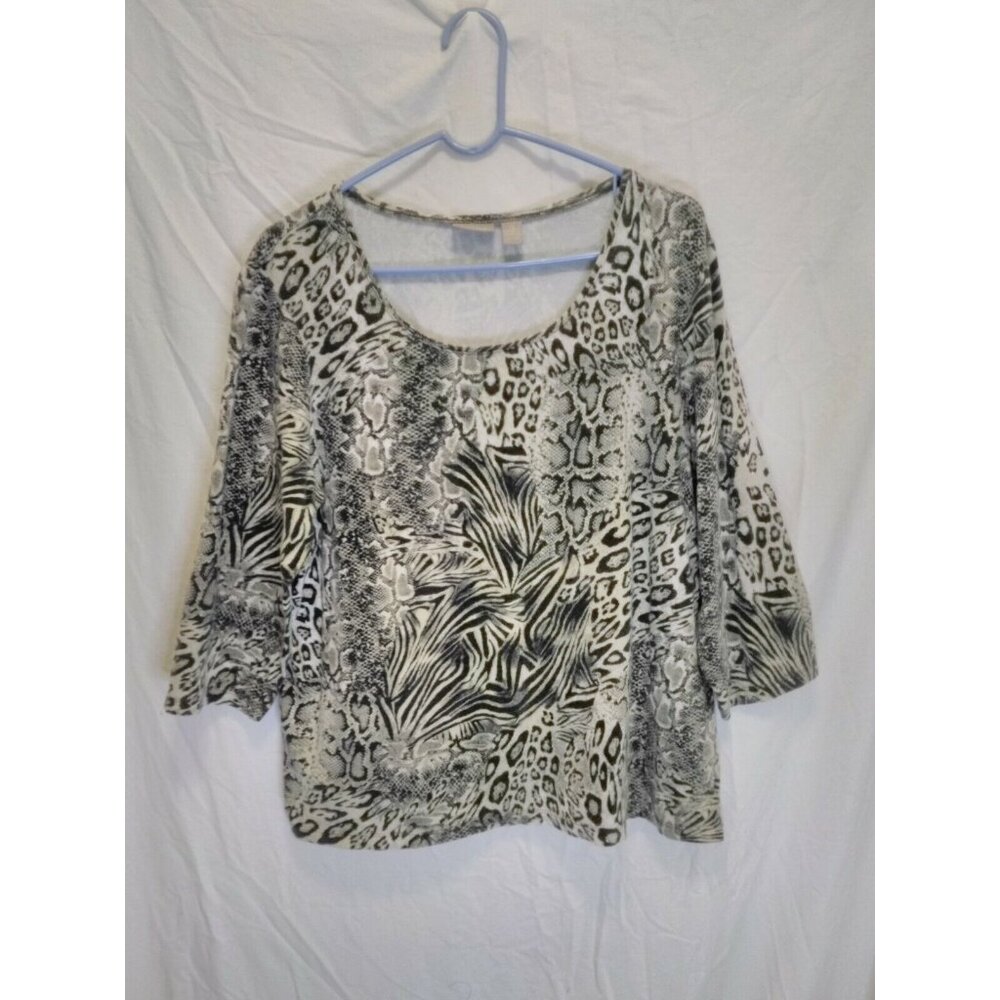 Chico's‎ Beige Black Animal Print 3/4 Sleeve Top 3 XL 16